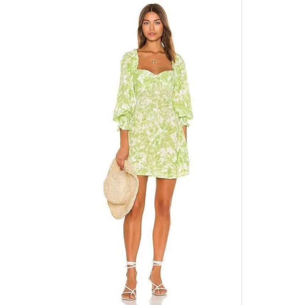Faithfull The Brand Mini Dress Women's Size 6 Green White Tie Dye Long Sleeve